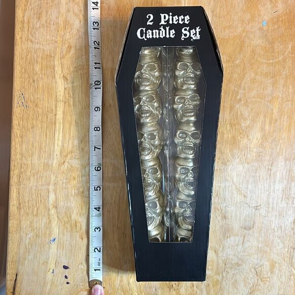 Halloween Decor Two Piece Light Gold Colored Stacked Skull Candlestick Set - Picture 7 of 7